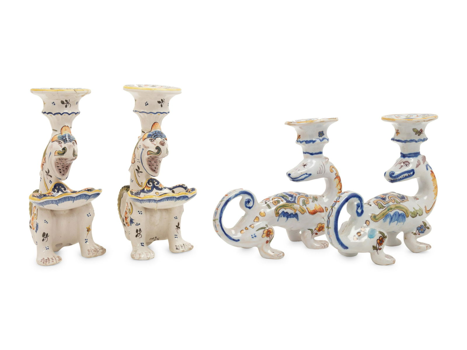 Two Pairs of French Faience 'Dragon' Candlesticks (1 of 3)
