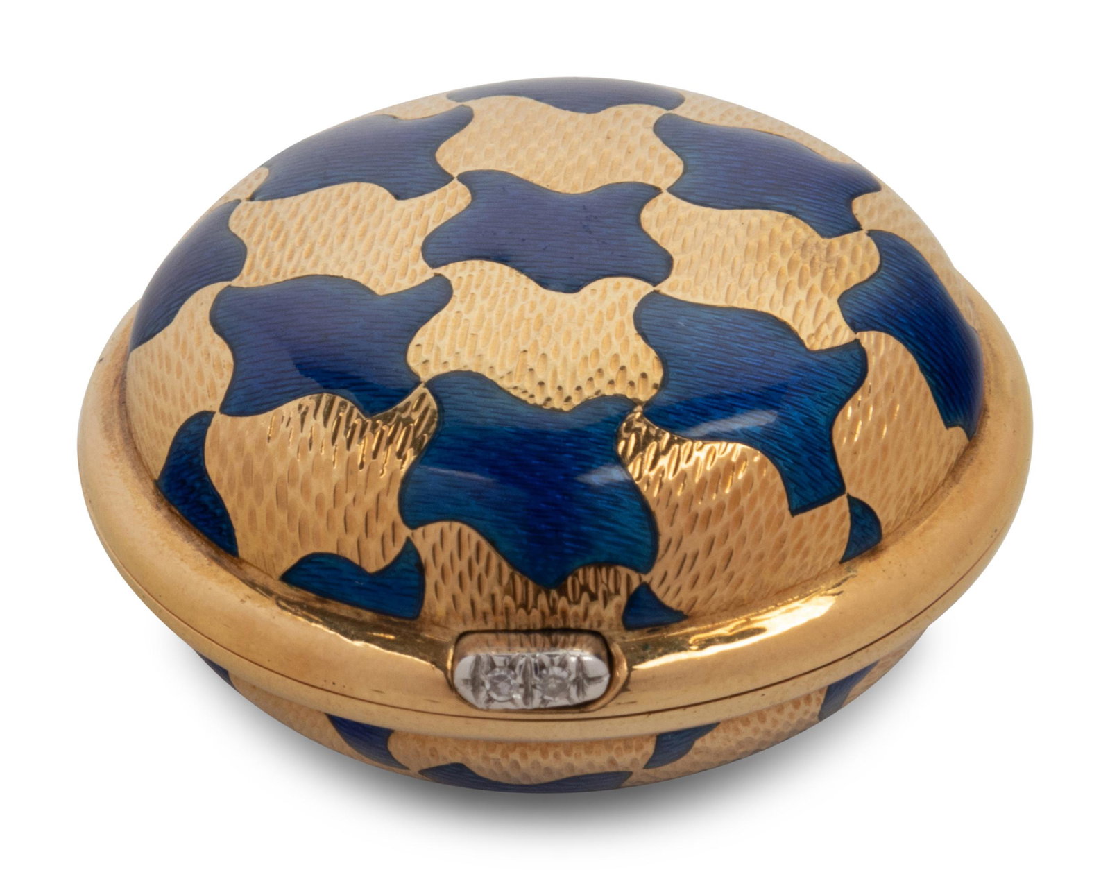 An 18 Karat Gold, Enamel and Diamond-Inset Bonbonniere: An 18 Karat Gold, Enamel and Diamond-Inset Bonbonniere 20th Century 1 ozt 4 dwt Diameter 1 5/8 inches. Patricia Ann Black Smyth (1925-2018) was born in Kansas City, Missouri, the daughter of Ernest Ba