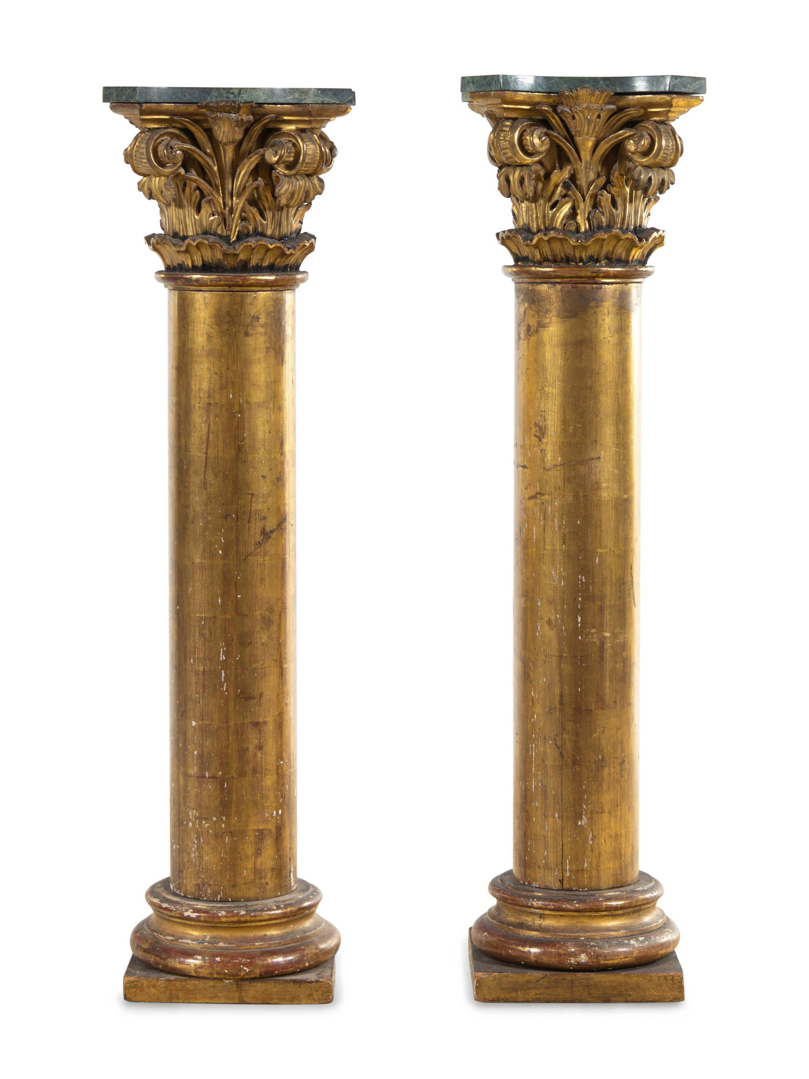A Pair of Continental Giltwood Pedestals: A Pair of Continental Giltwood Pedestals Late 19th/Early 20th Century each with marble tops. Height 52 1/4 inches. Patricia Ann Black Smyth (1925-2018) was born in Kansas City, Missouri, the daughter 