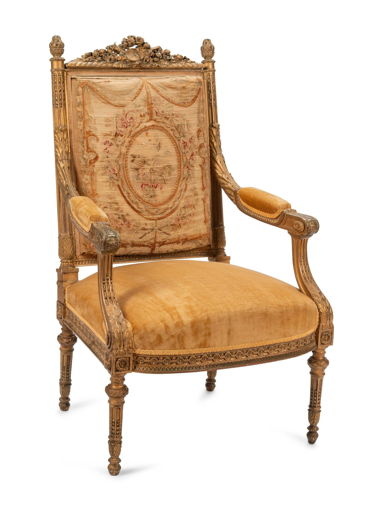 A Louis XVI Style Giltwood Fauteuil: A Louis XVI Style Giltwood Fauteuil 19th Century Height 42 1/2 x width 26 x depth 22 inches.