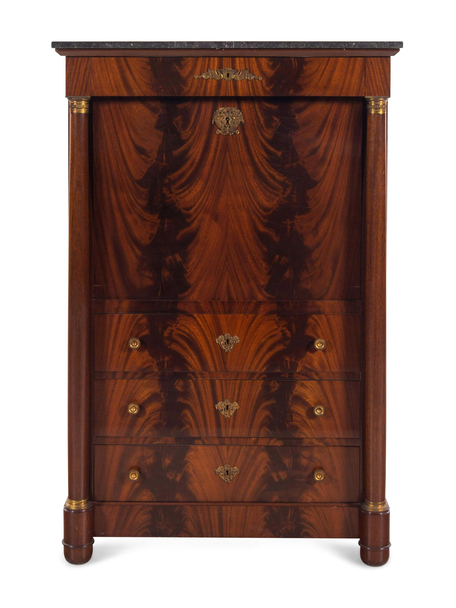 An Empire Style Mahogany Marble-Top Secretaire a: An Empire Style Mahogany Marble-Top Secretaire a Abattant Late 19th/Early 20th Century Height 57 3/4 x width 37 x depth 19 1/2 inches.
