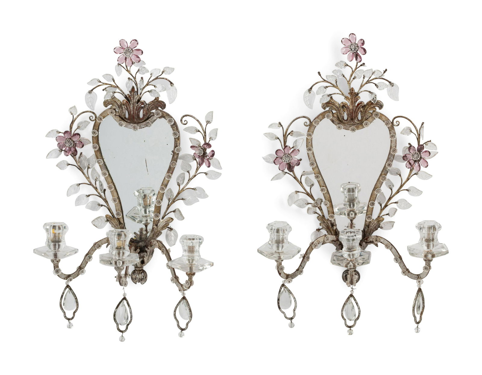 A Pair of Silvered Metal and Glass Three-Light (1 of 4)