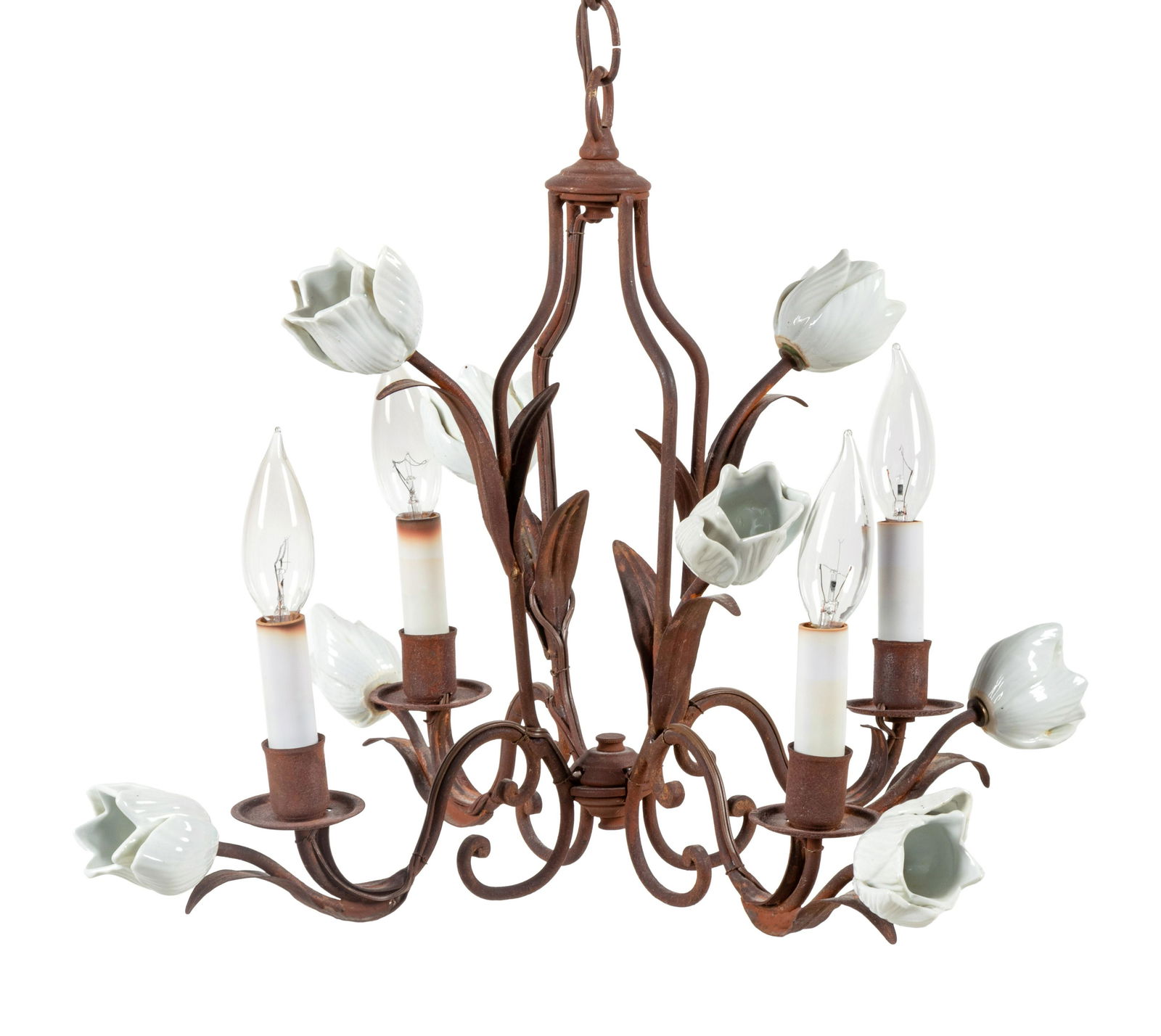 A French Opaline Glass and Tole Four-Light Chandelier (1 of 2)