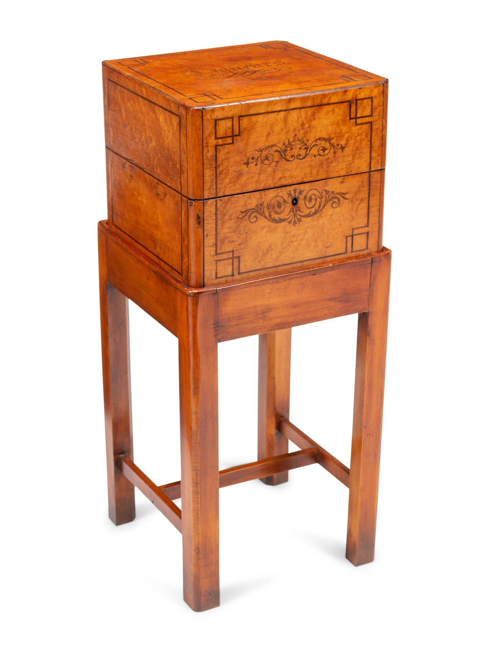 A French Marquetry Cave a Liqueur on a Later Stand: A French Marquetry Cave a Liqueur on a Later Stand 19th Century the interior lacking its fittings. Height overall 30 x width 11 3/4 x depth 11 3/4 inches.