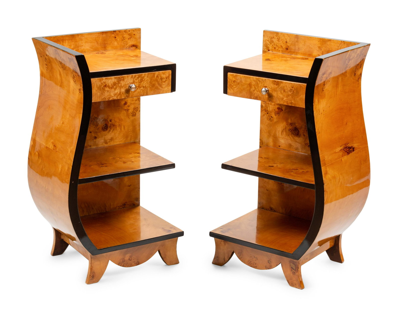 A Pair of Art Deco Style Burlwood Nightstands: A Pair of Art Deco Style Burlwood Nightstands 20th Century Height 28 1/4 x width 14 1/2 x depth 12 inches.