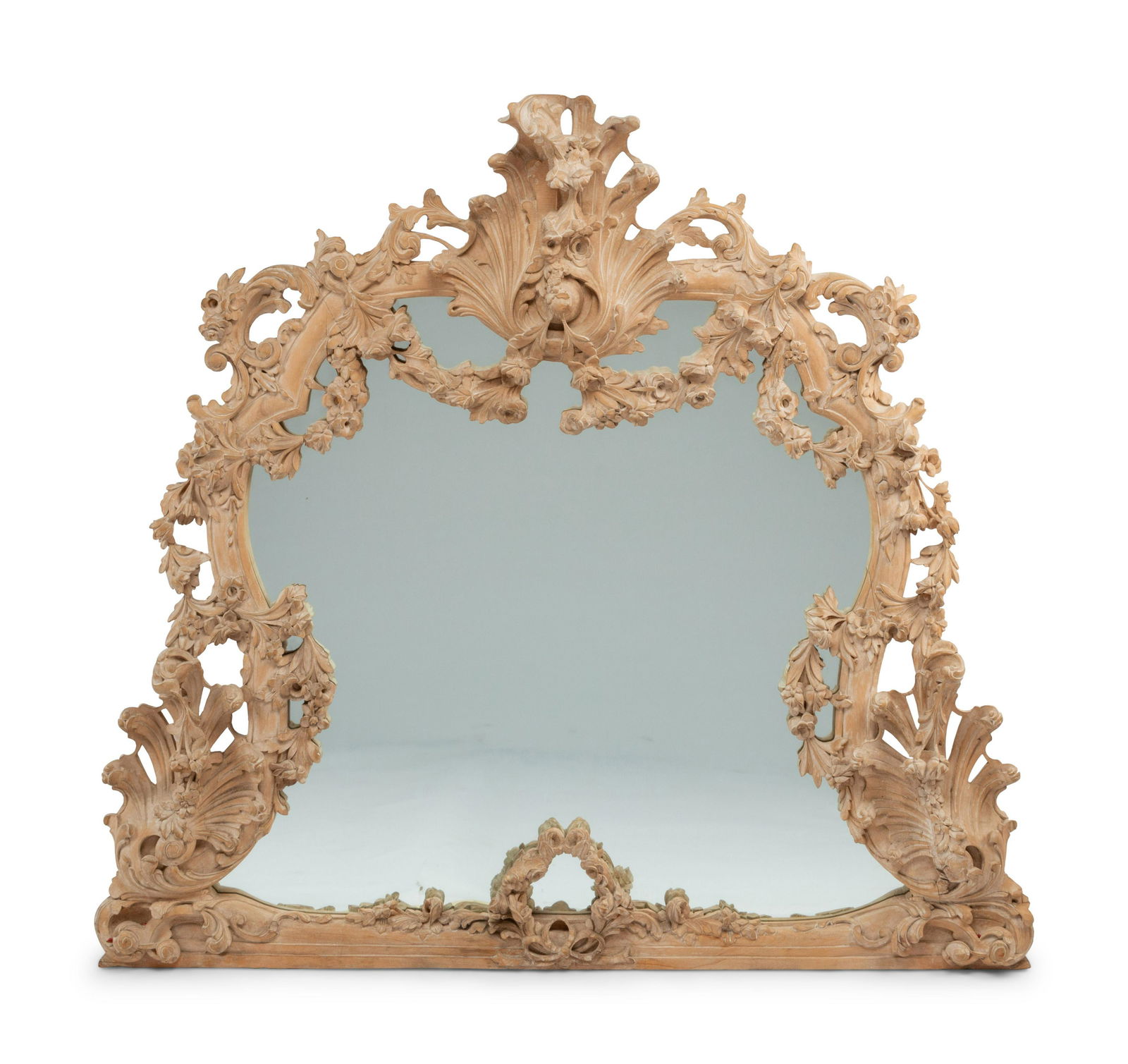A German Rococo Style Limed Wood Overmantel Mirror (1 of 5)