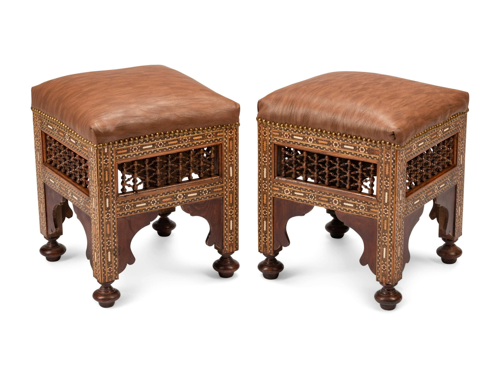 A Pair of Moorish Style Mosaic Inlaid Stools: A Pair of Moorish Style Mosaic Inlaid Stools 20th Century Height 20 x width 16 1/2 x depth 16 1/2 inches.