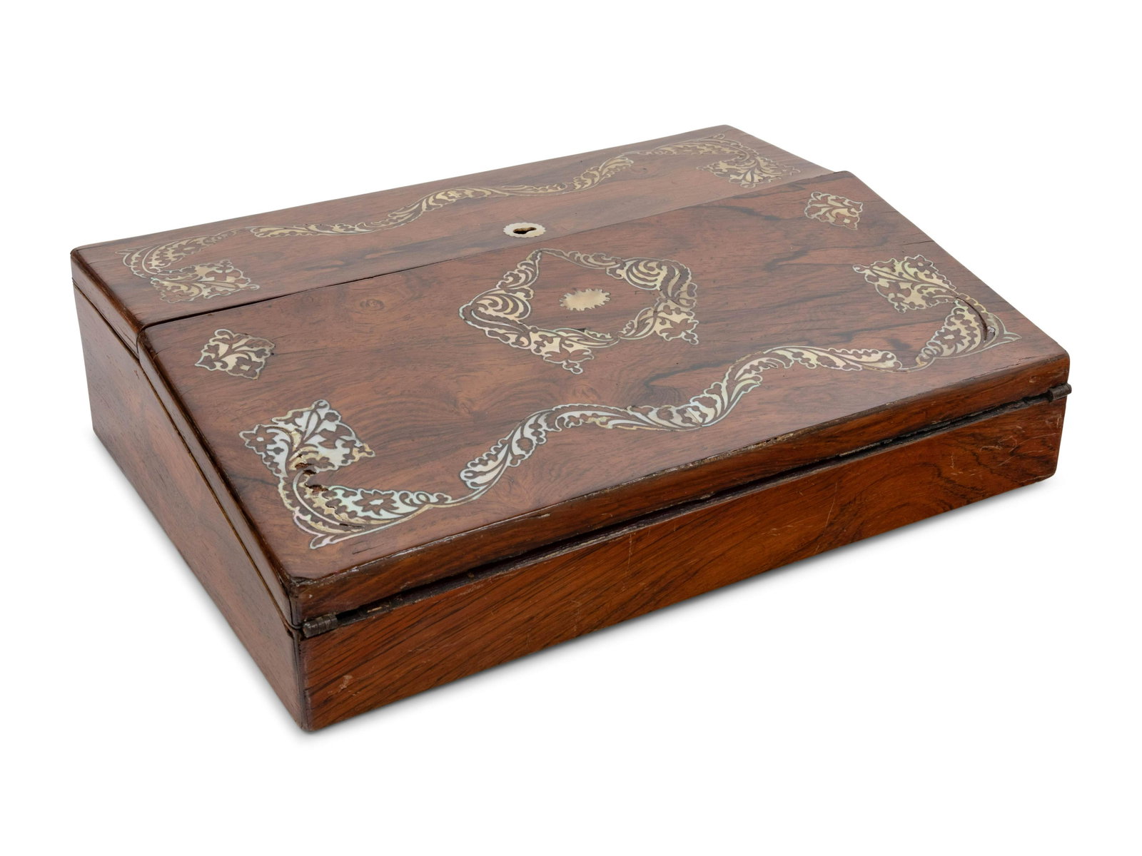 An Anglo-Colonial Mother-of-Pearl Inlaid Rosewood: An Anglo-Colonial Mother-of-Pearl Inlaid Rosewood Writing Slope 19th Century with gilt-tooled leather inset writing surface. Height 4 x width 14 x depth 10 inches. Provenance: St. James Boxes Property