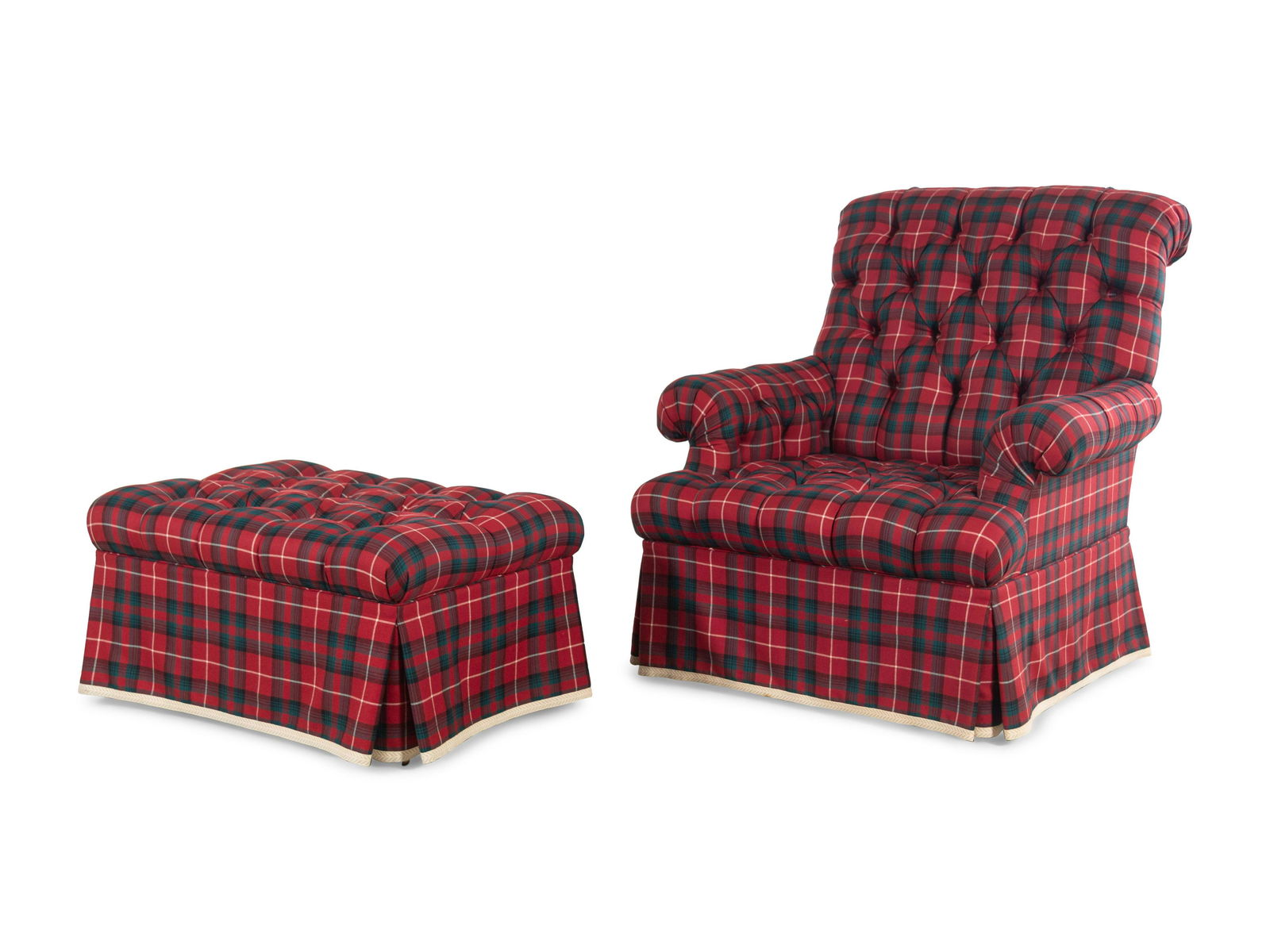 A Button-Tufted Tartan-Upholstered Easy Chair and (1 of 2)