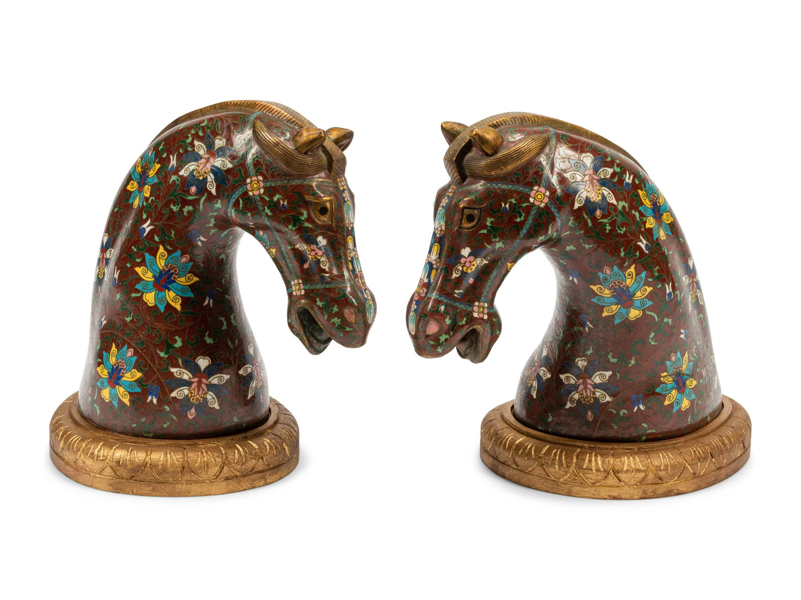 A Pair of Chinese Export Cloisonne Horse Heads on Wood (1 of 3)