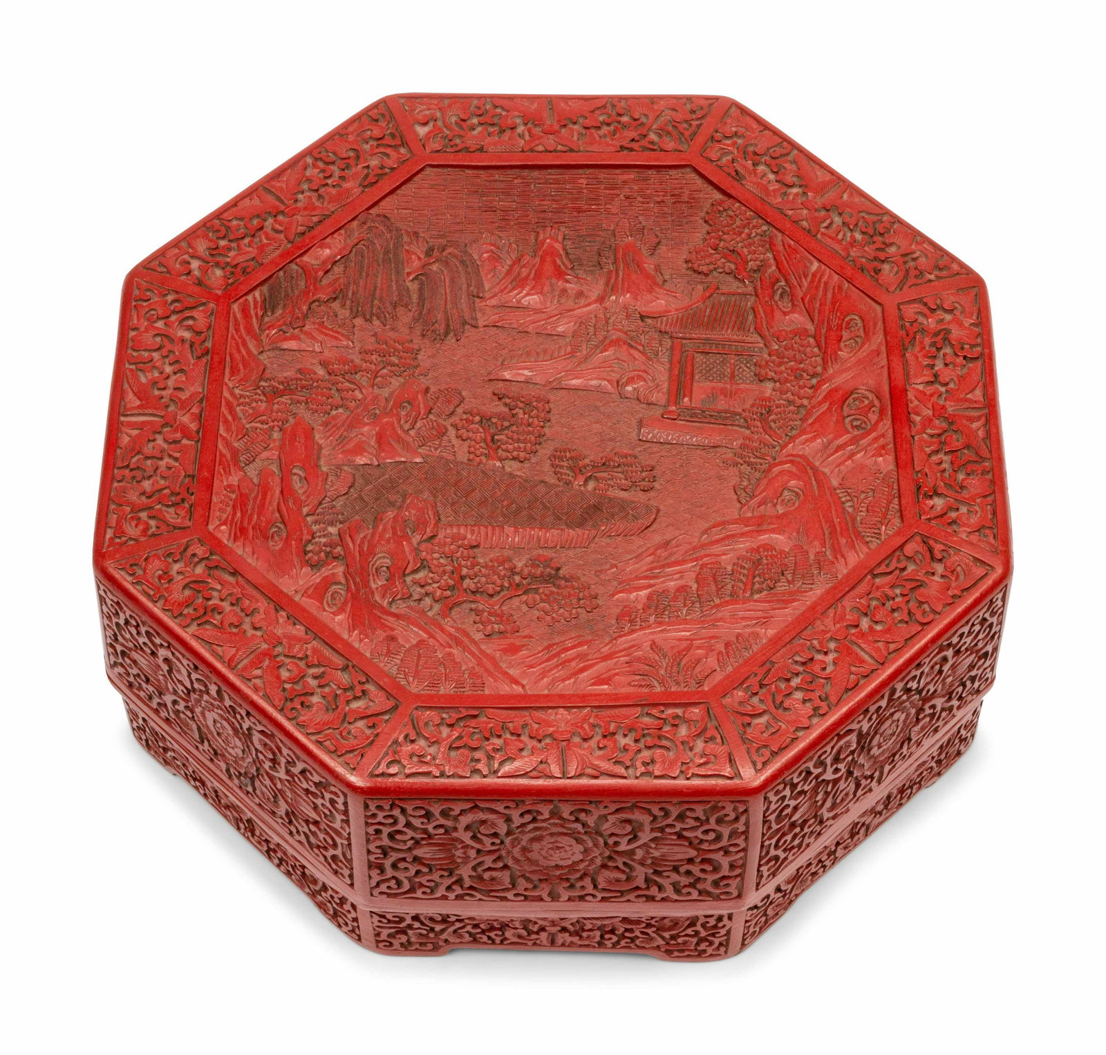 A Chinese Export Carved Red Lacquer Octagonal Box (1 of 4)