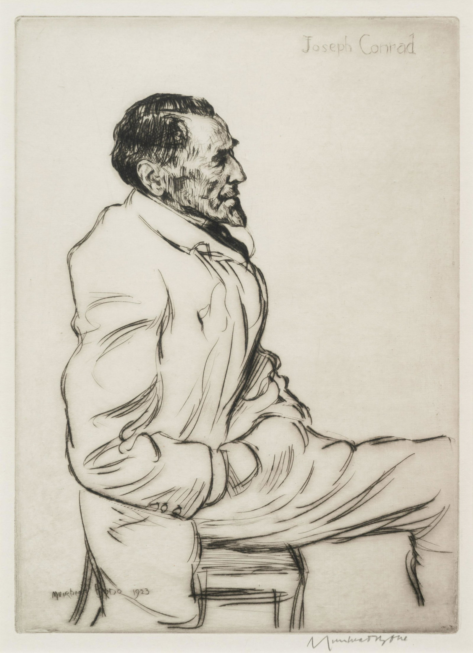 Muirhead Bone (British, 1876-1953) Joseph Conrad: Muirhead Bone (British, 1876-1953) Joseph Conrad Listening to Music, 1923 dry point etching 10 1/2 x 7 1/2 inches Provenance: A.B. McGraw Acquired directly from the above by the present owner Property