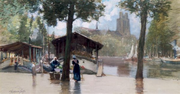 Francis Hopkinson Smith, (American, 1838-1915), Por: Francis Hopkinson Smith (American, 1838-1915) Port Scene watercolor signed (lower left) 12 1/4 x 23 1/4 inches.
