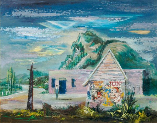 Aaron Bohrod, (American, 1907-1992), Boy outside Sh: Aaron Bohrod (American, 1907-1992) Boy outside Shack oil on board signed (lower center) 14 1/2 x 18 1/2 inches. Property from the Estate of Dr. Milton and Paula Gutglass, Milwaukee, Wisconsin