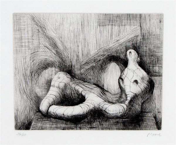 Henry Moore, (British, 1898-1986), Reclining Figur: Henry Moore (British, 1898-1986) Reclining Figure, Piranesi Background II etching edition 36/50, signed (lower right) 8 7/8 x 11 inches.