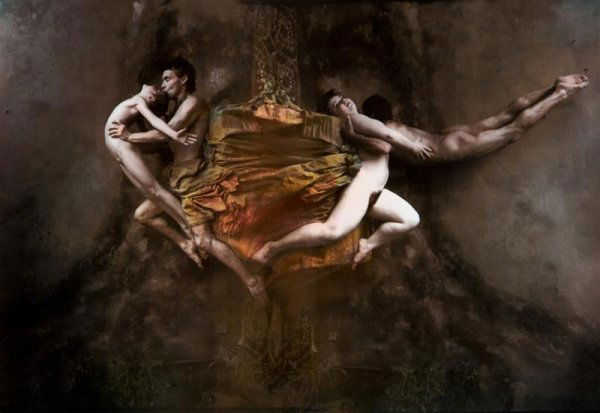 Jan Saudek, (Czechoslovakian, b. 1935), Dancers in: Jan Saudek (Czechoslovakian, b. 1935) Dancers in Paradise, 1985 hand colored photograph signed 16 x 22 3/4 inches. Property from The Anne & Jacques Baruch Collection, Chicago, Illinois