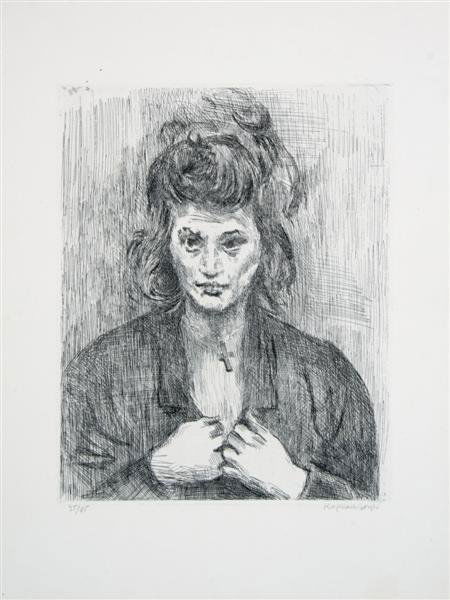 Raphael Soyer, (American, 1899-1987), Woman with C: Raphael Soyer (American, 1899-1987) Woman with Cross, together with text pages from portfolio etching edition 35/85, signed (lower right) 10 x 8 inches. Property from The Anne & Jacques Baruch C
