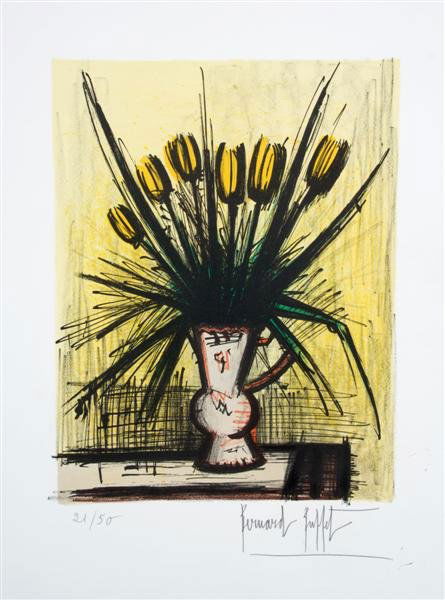 Bernard Buffet, (French, 1928-1999), Yellow Tulips: Bernard Buffet (French, 1928-1999) Yellow Tulips color lithograph edition 21/50, signed (lower right) 14 x 10 3/4 inches. Property from The Anne and Jacques Baruch Collection, Chicago, Illinois