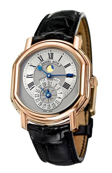 An 18 Karat Rose Gold Perpetual Calendar Wristwatch: An 18 Karat Rose Gold Perpetual Calendar Wristwatch with Moonphase, Daniel Roth, with gray ribbed dial, silvered off-center hour dial with Roman numeral applique, blued steel "fleche" hands, subdial w