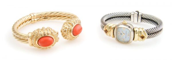 A 14 Karat Yellow Gold and Sterling Silver Watch, D: A 14 Karat Yellow Gold and Sterling Silver Watch, David Yurman, with mother-of-pearl dial, Roman numerals, citrines bezel set in lugs, cable design bracelet, the bracelet is set with two orange caboch