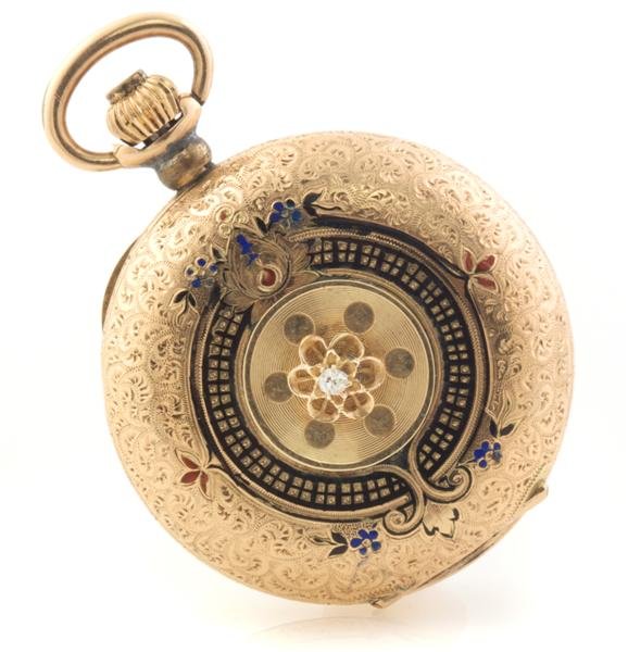 A 14 Karat Yellow Gold and Black Enamel Pocket Watc
