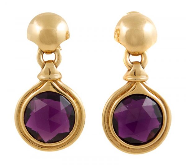A Pair of 18 Karat Yellow Gold and Amethyst Earring: A Pair of 18 Karat Yellow Gold and Amethyst Earrings, Antonini, containing two round checkerboard cut amethysts measuring approximately 15.50 mm wide each, stamp: ANTONINI. 14.40 dwts.