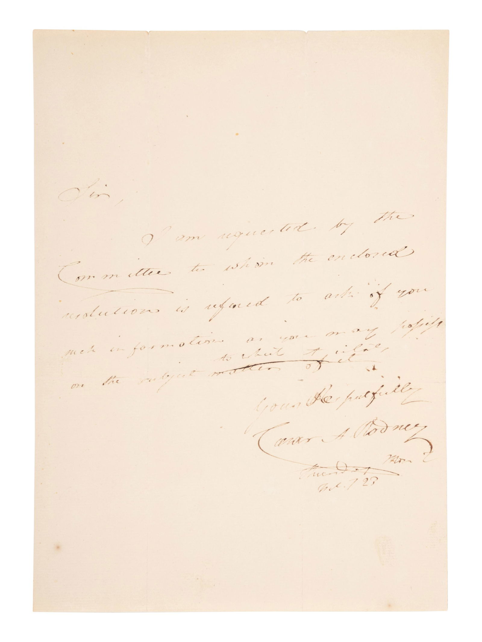 RODNEY, Caesar Augustus (1772-1824). Autograph letter (1 of 2)