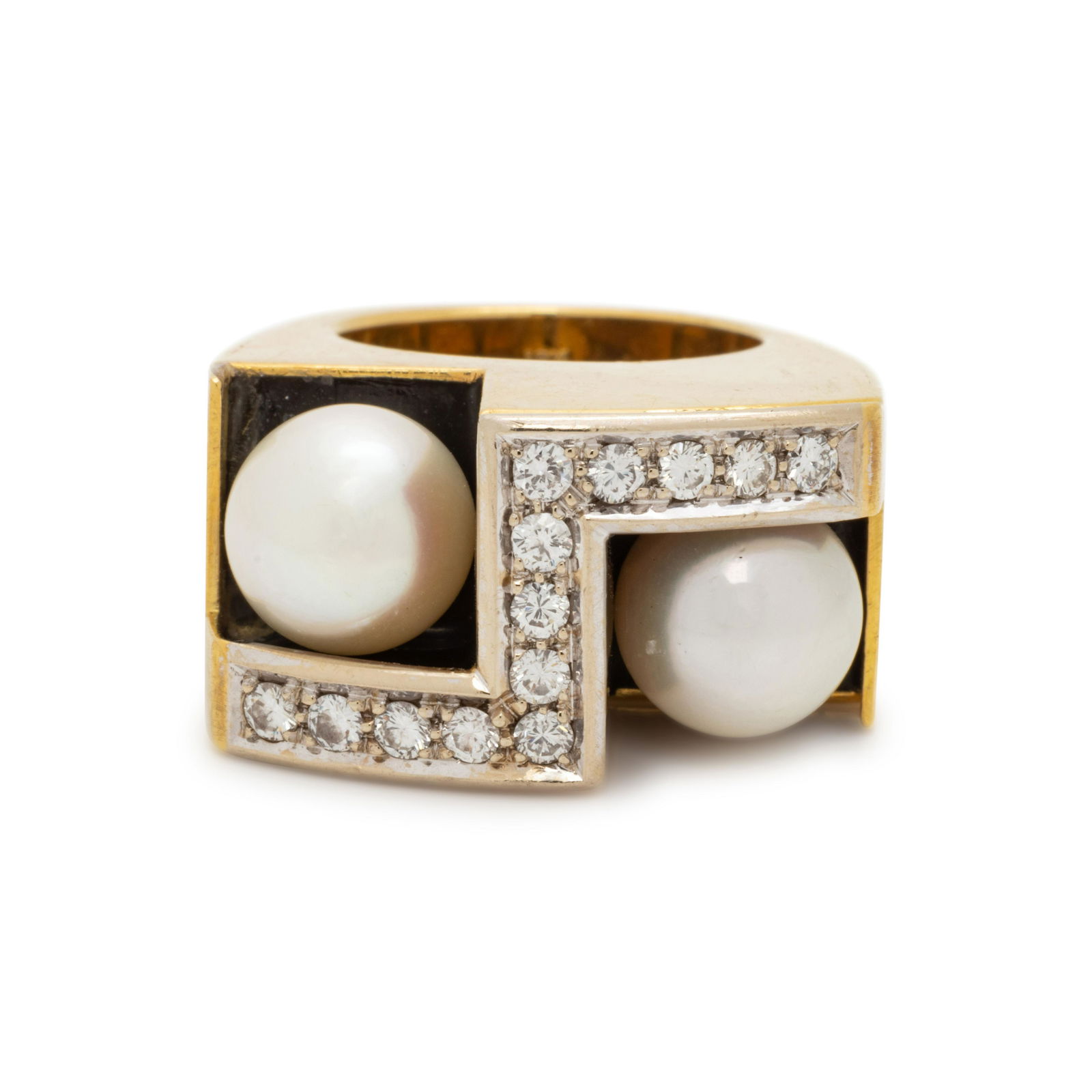DIAMOND, CULTURED PEARL AND ENAMEL RING (1 of 3)