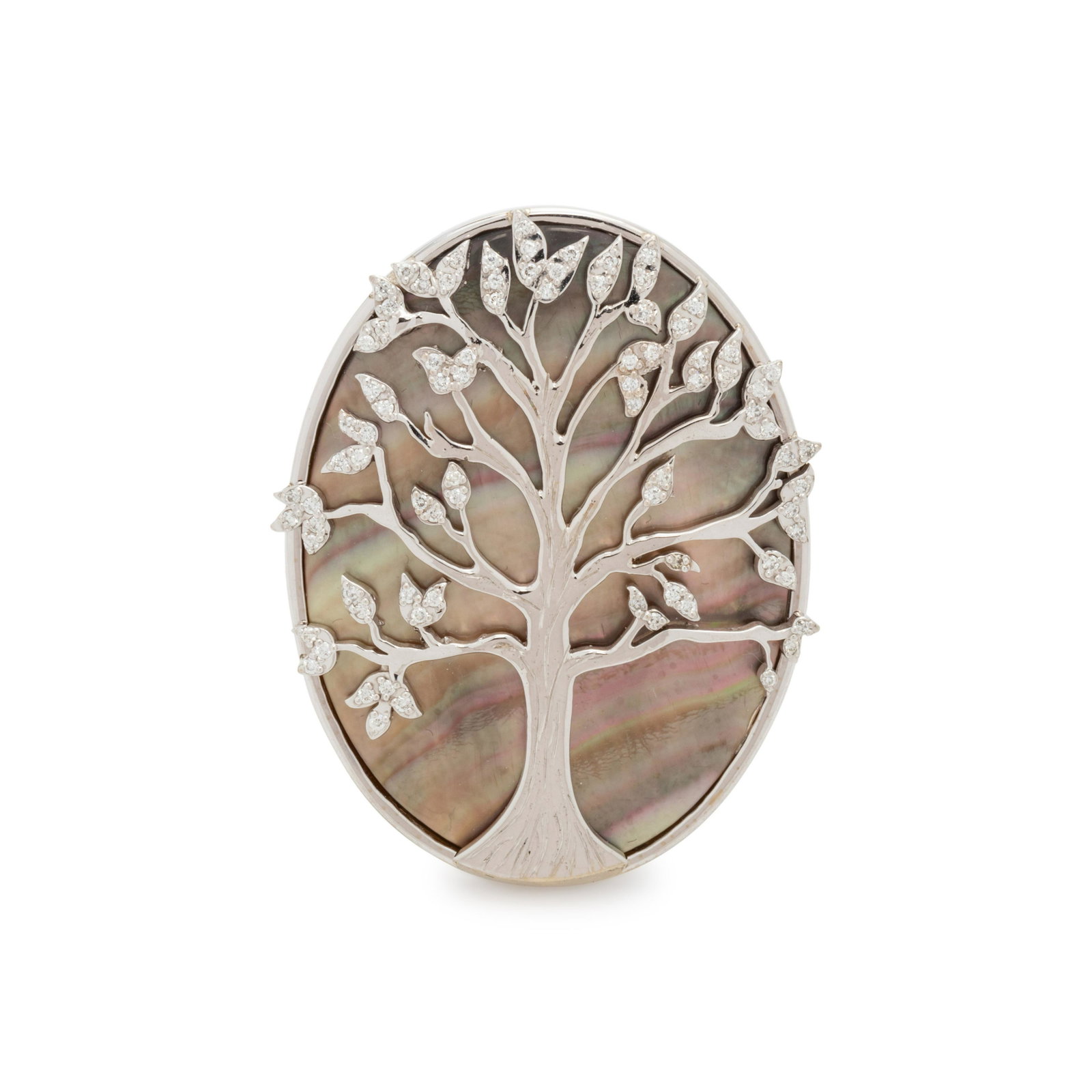 MOTHER-OF-PEARL AND DIAMOND RING: MOTHER-OF-PEARL AND DIAMOND RING Consisting of a mother-of-pearl plaque overlaid with a tree design containing 85 round brilliant cut diamonds weighing approximately 0.40 carat total, with black ename