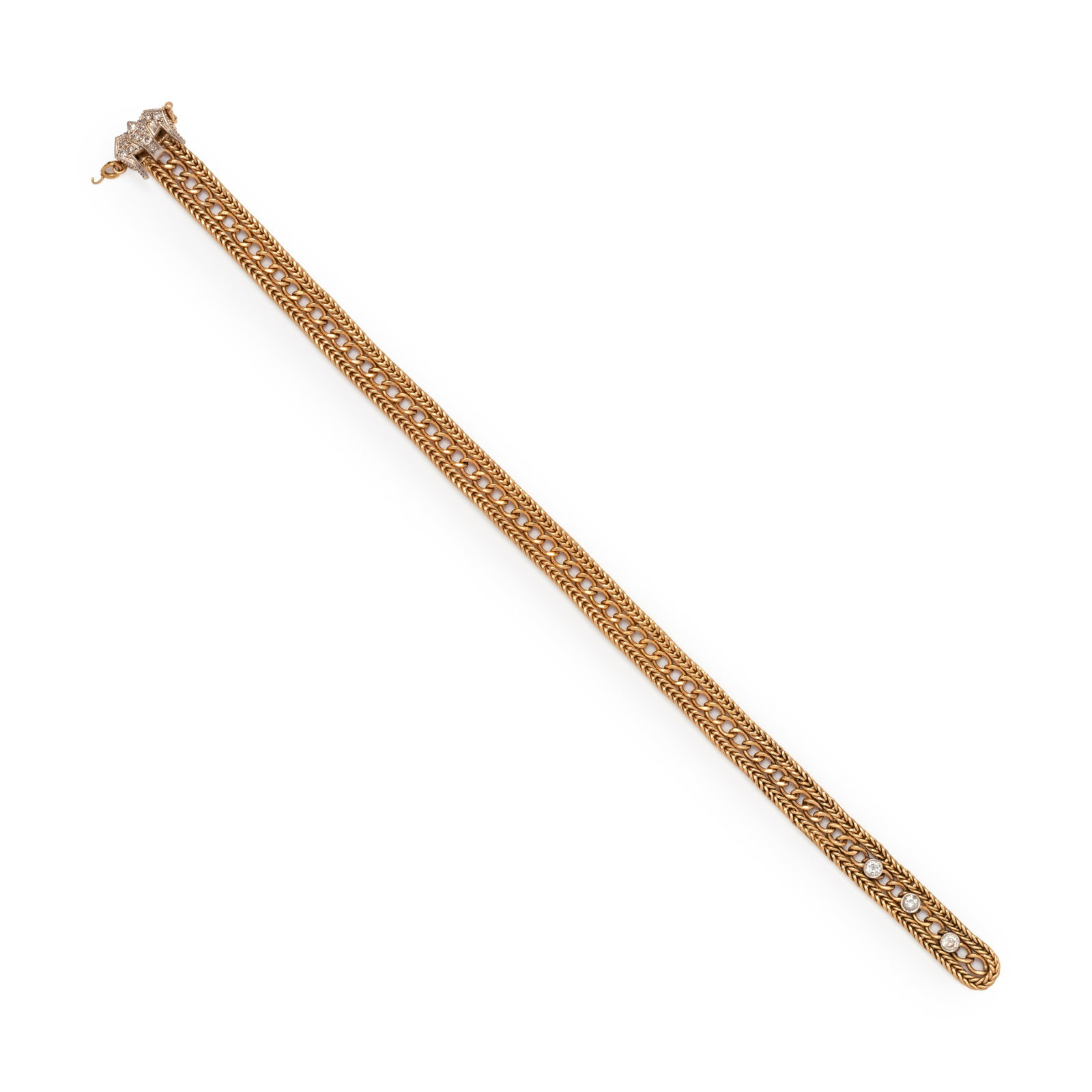 YELLOW GOLD AND DIAMOND BELT MOTIF BRACELET: YELLOW GOLD AND DIAMOND BELT MOTIF BRACELET Consisting of attached curb and foxtail chains with white gold detail, containing three round brilliant cut diamonds weighing approximately 0.50 carat total