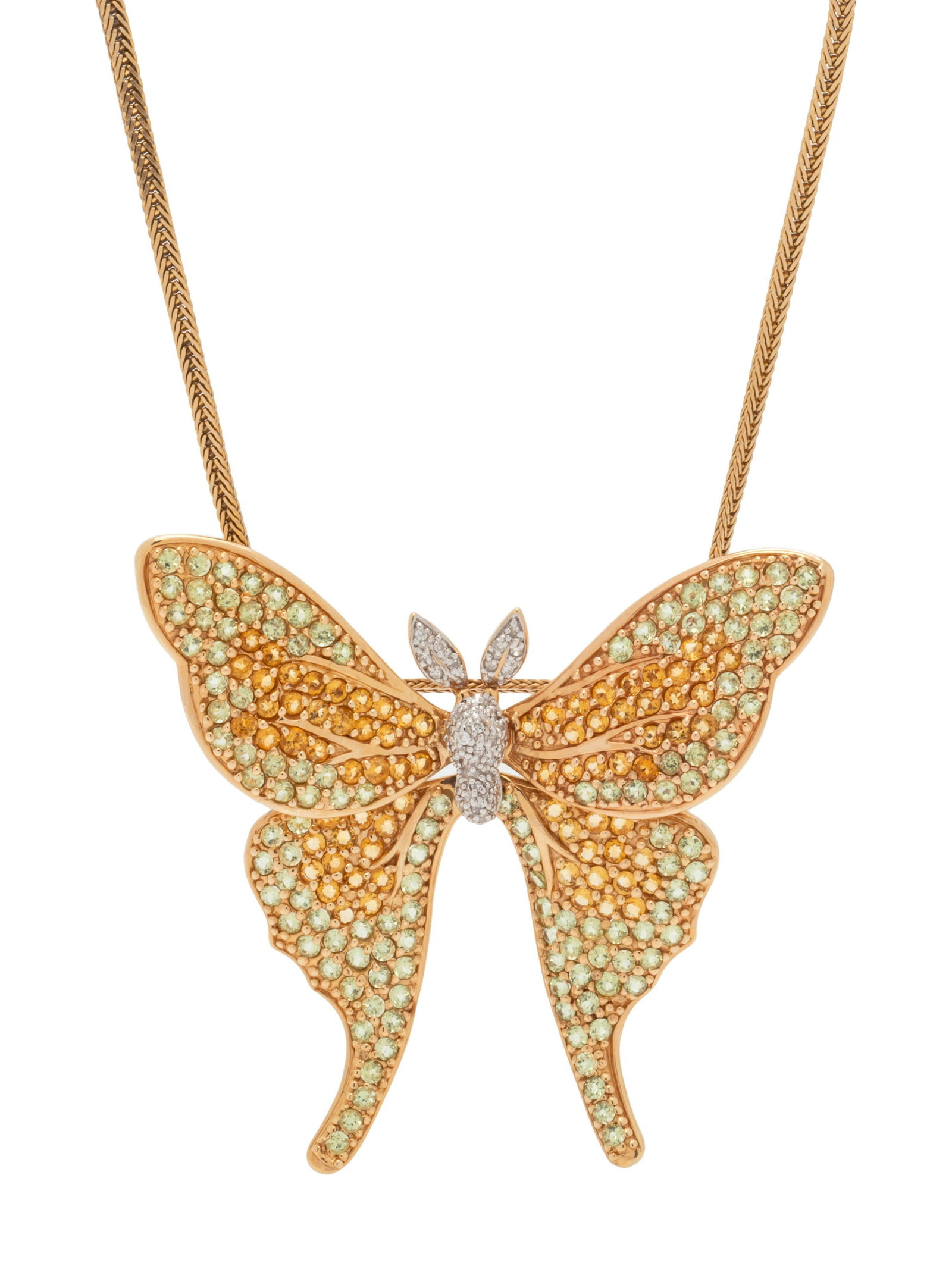 GEMSTONE AND DIAMOND BUTTERFLY NECKLACE: GEMSTONE AND DIAMOND BUTTERFLY NECKLACE Consisting of a butterfly pendant/brooch containing numerous round mixed cut citrines, peridot and single cut diamonds, suspended from a herringbone chain. Moun