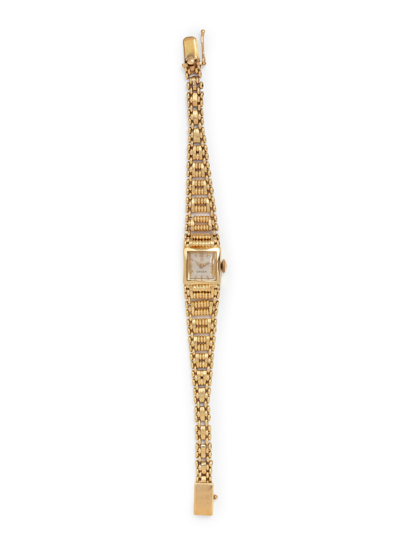 OMEGA, 14K YELLOW GOLD WRISTWATCH: OMEGA, 14K YELLOW GOLD WRISTWATCH 17.00 x 13.00 mm case dimensions, matte silvered dial, applied gold Arabic and baton numerals, Cal. 481 17 jewel manual wind movement signed OMEGA WATCH Co., integrat