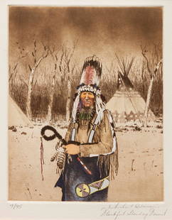 Michael Coleman (American, b. 1946) Blackfeet Stand Up: Michael Coleman (American, b. 1946) Blackfeet Stand Up Bonnet, edition 7/95 etching and hand-tinted gouache signed Michael Coleman and titled (lower right); numbered (lower left) 8 1/4 x 6 1/2 inches