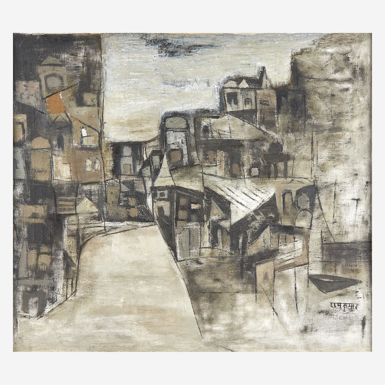 Ram Kumar (Indian, 1924-2018) Benares: Ram Kumar (Indian, 1924-2018) Benares Signed in Devanagari bottom right, inscribed with artist's name and title in English verso, oil on canvas. (27 x 30 1/2 in. (68.6 x 77.5cm)) Provenance Priva