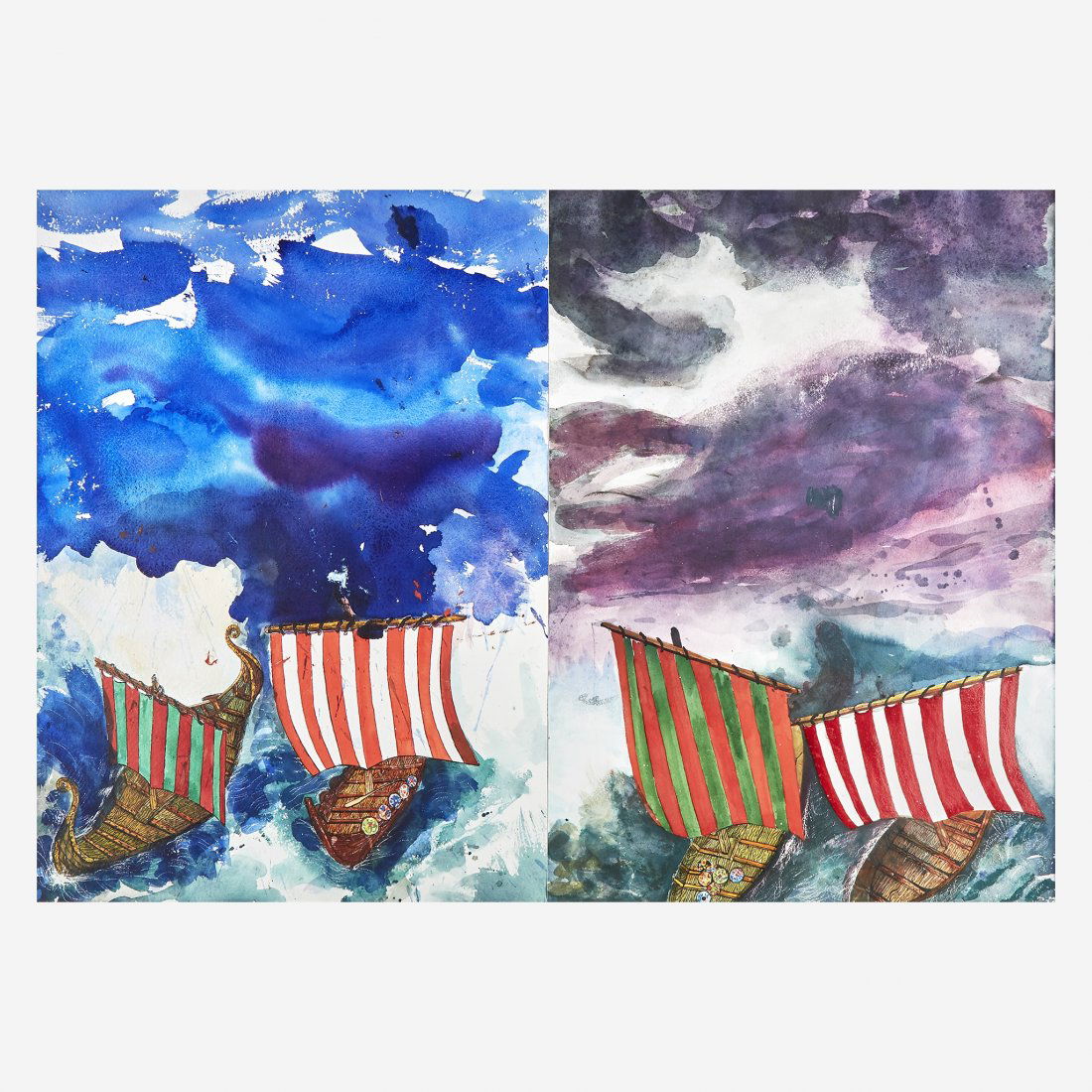 Malcolm Morley (British, 1931-2018) The Navigators: Malcolm Morley (British, 1931-2018) The Navigators Inscribed with title verso, watercolor on paper (two sheets).Executed in 1997. (overall dimensions: 30 1/2 x 42 7/8 in. (77.5 x 108.9cm)) Provena