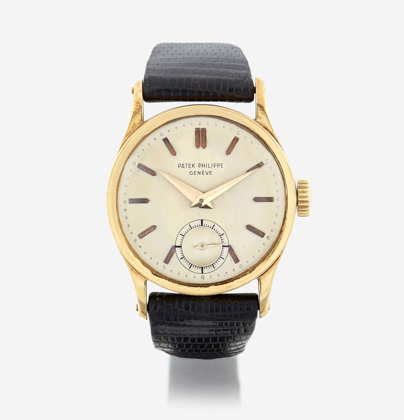An eighteen karat gold strap wristwatch, Patek Philippe: An eighteen karat gold strap wristwatch, Patek Philippe Calatrava, circa late 1930's 18 jewel movement number 968063 reference 96, case number 803662, white dial with dart hands and markers and comple