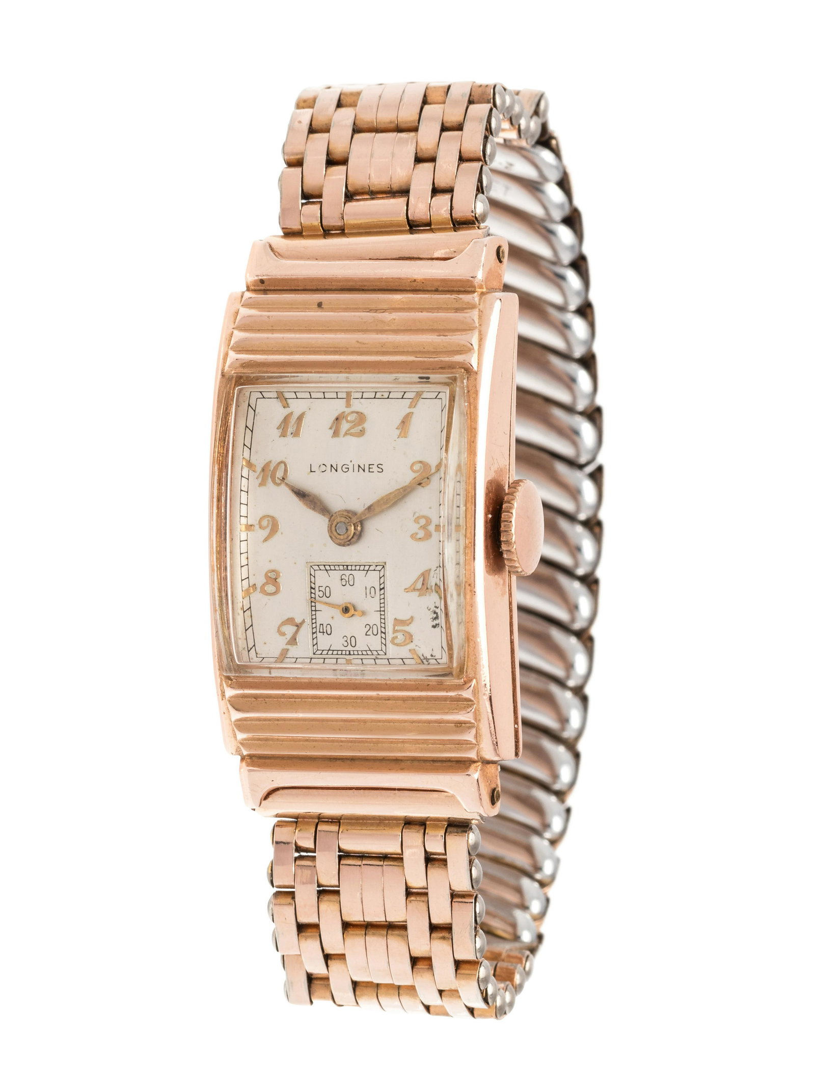 LONGINES, VINTAGE, 14K PINK GOLD WRISTWATCH: LONGINES, VINTAGE, 14K PINK GOLD WRISTWATCH 38.00 x 19.00 mm case dimensions inclusive of lugs, matte silvered dial, applied gold Arabic numerals, subdial for seconds at 6 o'clock, Cal. 9L 17 jewel ma