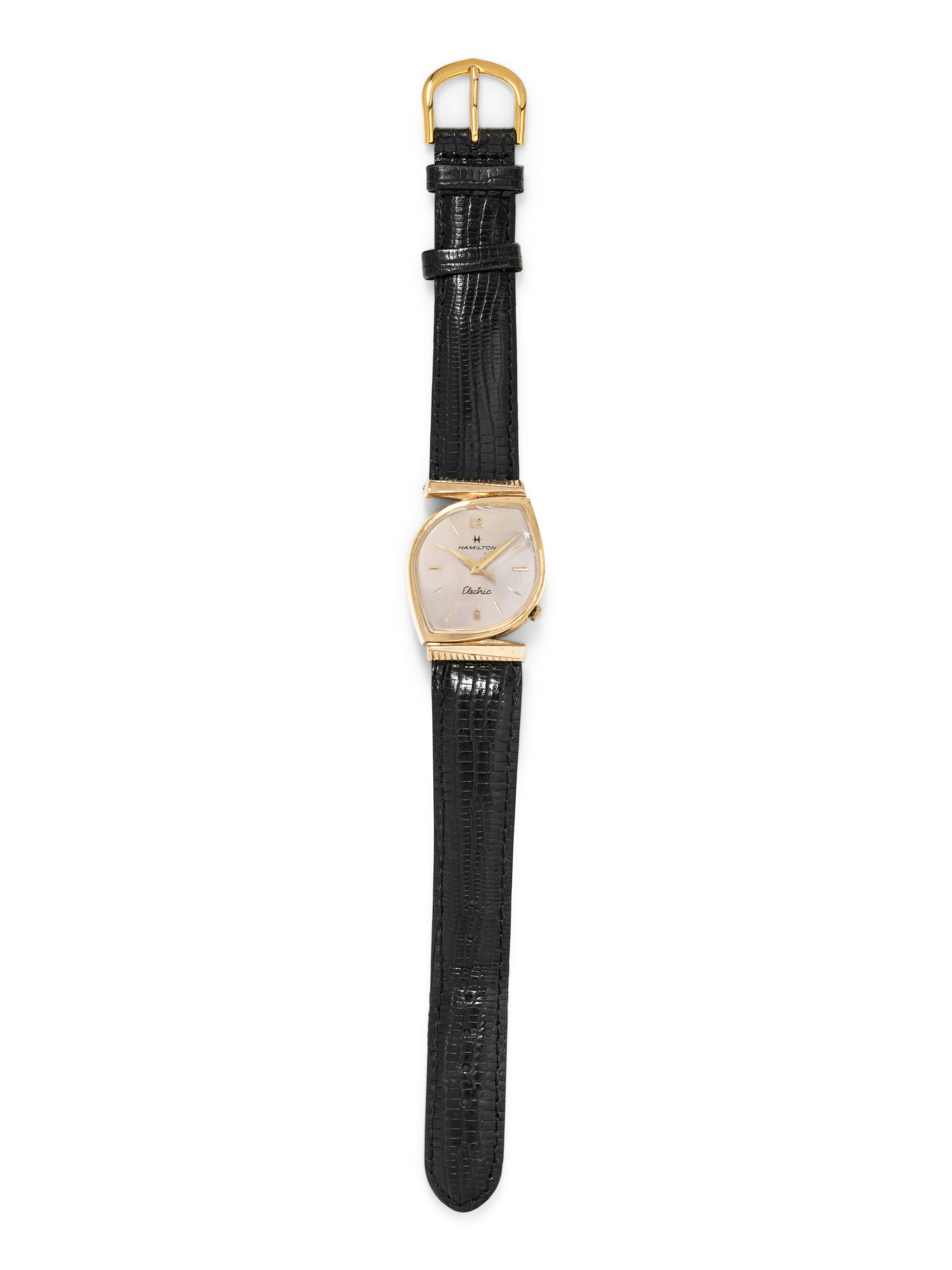 HAMILTON, VINTAGE, 10K GOLD-FILLED 'ELECTRIC': HAMILTON, VINTAGE, 10K GOLD-FILLED 'ELECTRIC' WRISTWATCH 37.00 x 27.00 mm case dimensions inclusive of lugs, matte silvered dial, gold incised and applied baton and Arabic numerals, Cal. 505 mechanica
