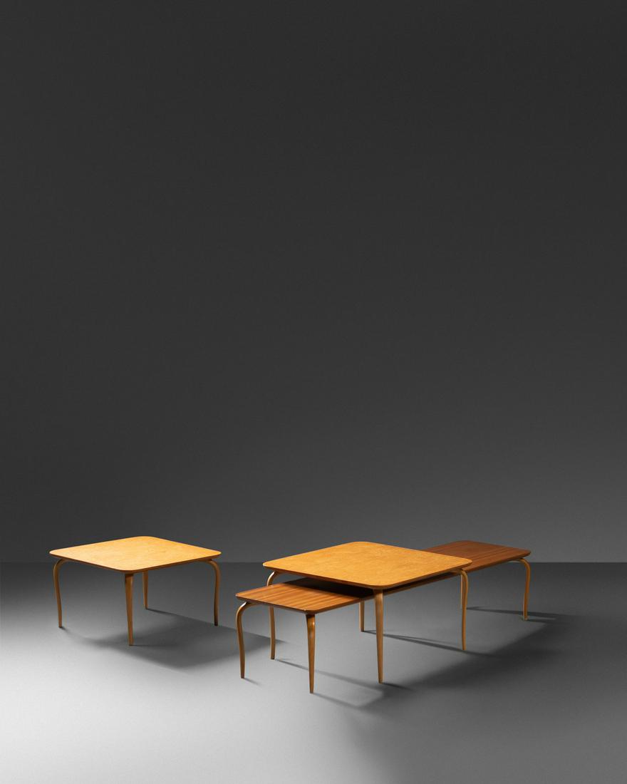 Bruno Mathsson (Swedish, 1907-1988) Three Occasional: Bruno Mathsson (Swedish, 1907-1988) Three Occasional Tables, c. 1965 Firma Karl Mathsson, Sweden beech, teak, figured maple manufacturer's brand to underside Largest | H 11 1/2 x W 51 x D 14 1/4 inche