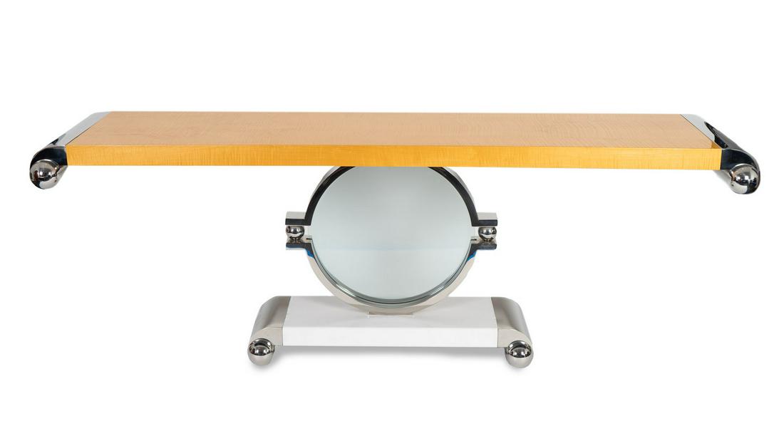 J. Wade Beam (American, 20th Century) Bearing Console: J. Wade Beam (American, 20th Century) Bearing Console Table, Brueton, USA stainless steel, maple 81 x 30 x 18 inches. Property from the Estate of Leslie "Mitzi" S. Magin sold to Benefit the Following