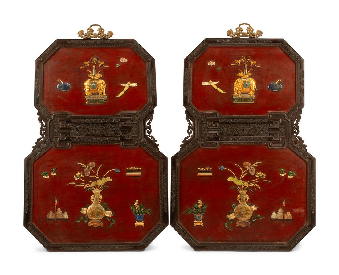 A Pair of Chinese Hardstone Inlaid Lacquer Wall Panels (1 of 4)