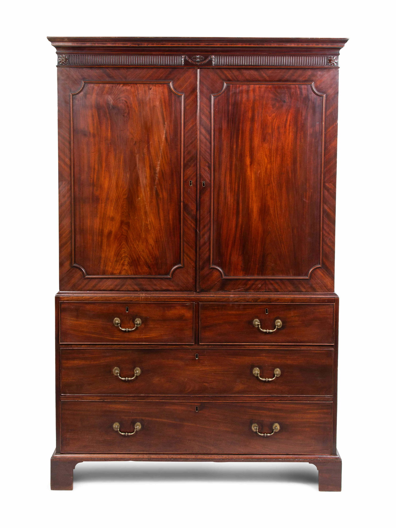 A George III Style Mahogany Linen Press Height 76 x: A George III Style Mahogany Linen Press Late 19th Century Height 76 x width 49 1/2 x depth 23 inches.