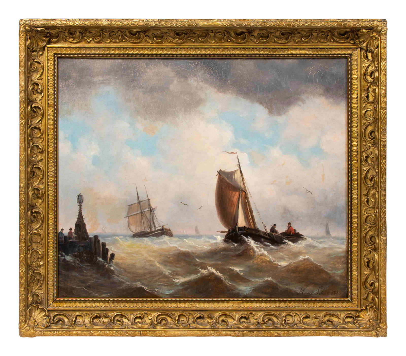 Henri Adolphe Schaep (Dutch, 1826-1870) Sailboats on Ro (1 of 3)