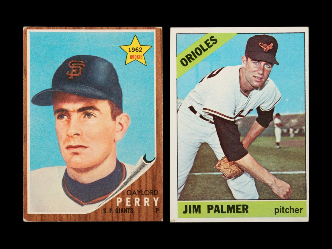 A Group of Gaylord Perry and Jim Palmer Topps Rookie: A Group of Gaylord Perry and Jim Palmer Topps Rookie Baseball Cards, comprising of a 1962 Perry (199) and 1966 Palmer (126). Conditions average VG/EX. Acceptable for grading.