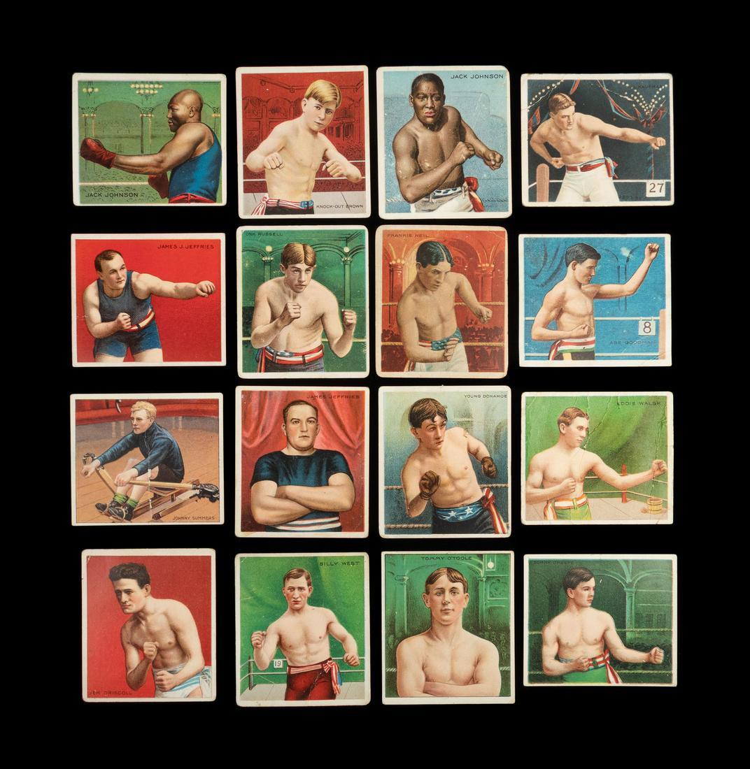 A Group of 16 T218 Mecca Hassan Cigarettes Boxing Cards: A Group of 16 T218 Mecca Hassan Cigarettes Boxing Cards Including Jack Johnson, comprising of Knock-Out Brown, Young Donahoe, Jim Driscoll, Abe Goodman, Jack Johnson (Front Face Prize Fighter), Johnso