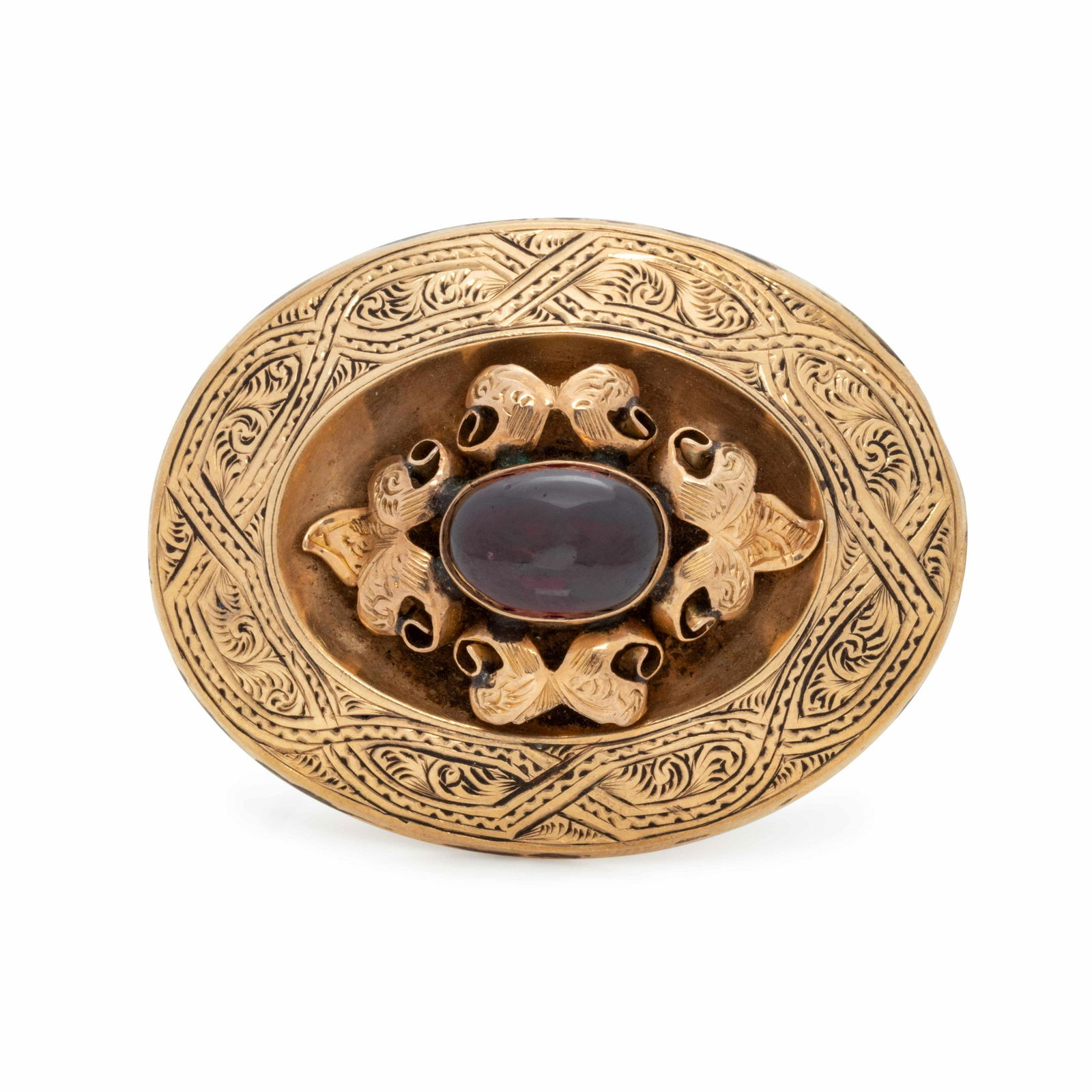 ETRUSCAN REVIVAL, GOLD-FILLED AND GARNET BROOCH (1 of 2)