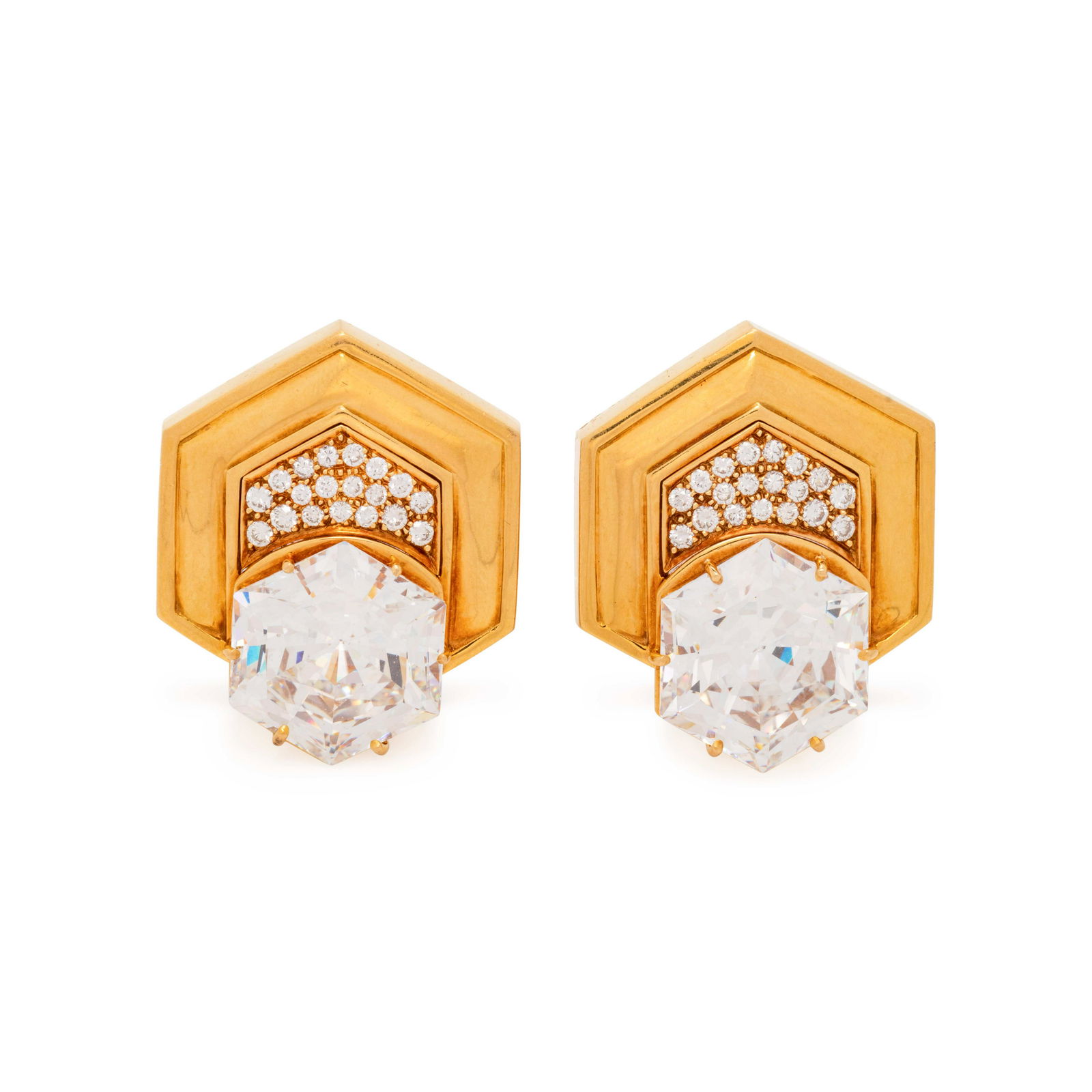 ANDREW CLUNN, YELLOW GOLD, DIAMOND AND CUBIC ZIRCONIA: ANDREW CLUNN, YELLOW GOLD, DIAMOND AND CUBIC ZIRCONIA EARCLIPS Containing 36 round brilliant cut diamonds weighing approximately 1.00 carat total and two hexagonal step cut cubic zirconia. 1 1/4 inche