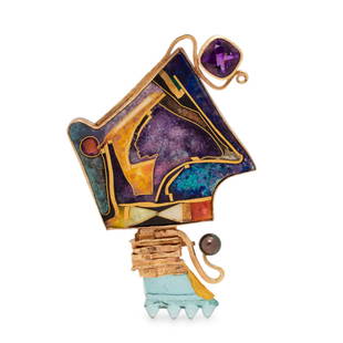 WILLIAM HARPER, ENAMEL AND GEMSTONE 'OCTOBER FRAGMENT': WILLIAM HARPER, ENAMEL AND GEMSTONE 'OCTOBER FRAGMENT' BROOCH Consisting of an abstract brooch with opalescent polychrome enamel containing one cushion mixed cut amethyst, one geometric blue glass fra