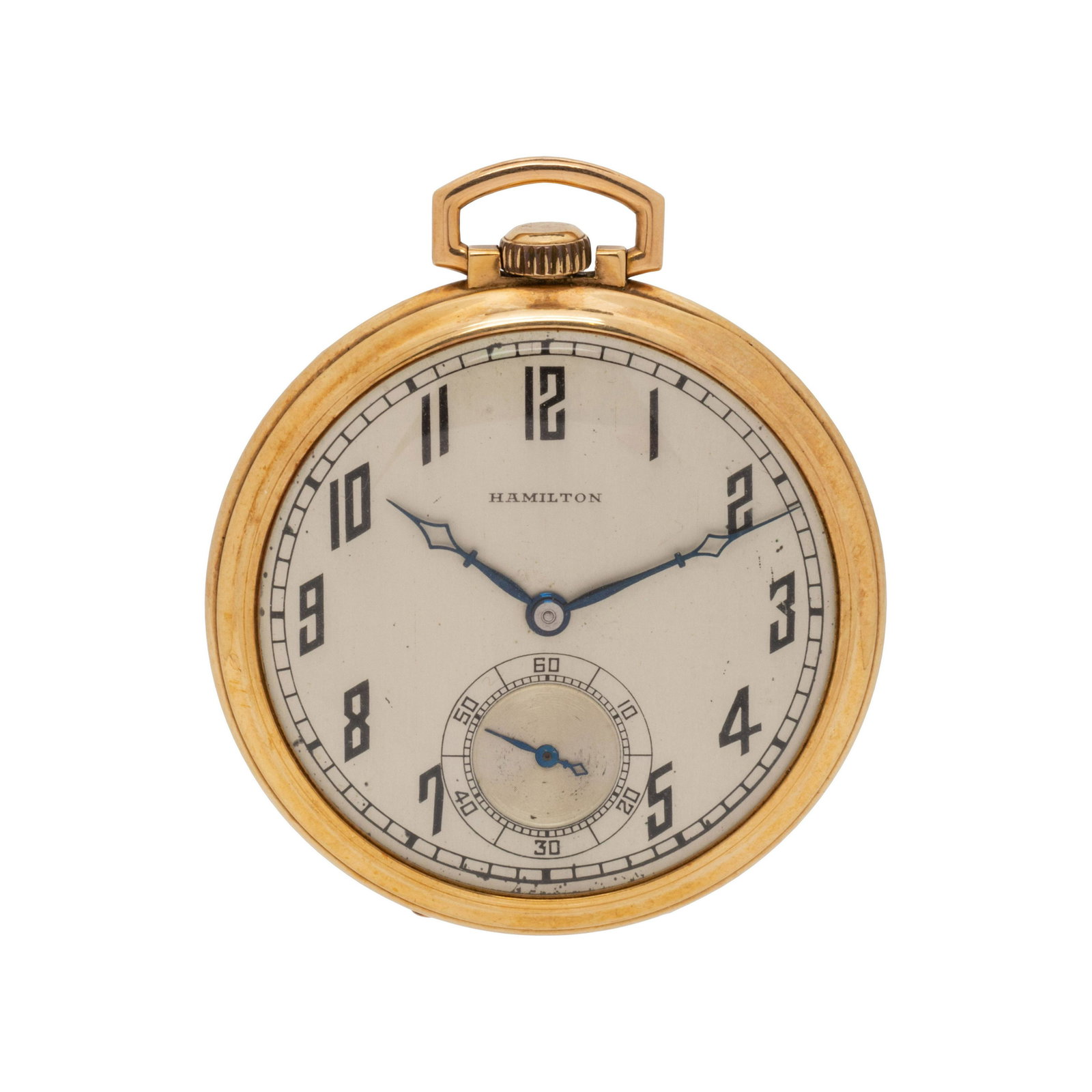 HAMILTON, 14K YELLOW GOLD OPEN FACE POCKET WATCH: HAMILTON, 14K YELLOW GOLD OPEN FACE POCKET WATCH 44.00 mm case diameter, matte silvered dial, black Arabic numerals, subdial for seconds at 6 o'clock, stem wound and set Cal. 918 19 jewel nickel movem