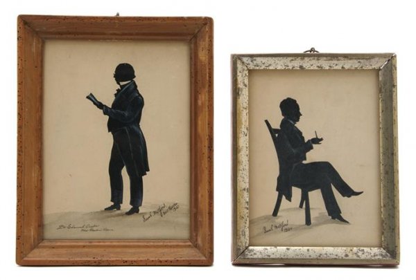 Two Silhouettes, Samuel Metford, Height of first 7: Two Silhouettes, Samuel Metford, the first depicting a seated gentleman with pipe in hand dated 1840, the second depicting Dr. Edward Cooper of New Haven, Connecticut, standing with book in hand dated